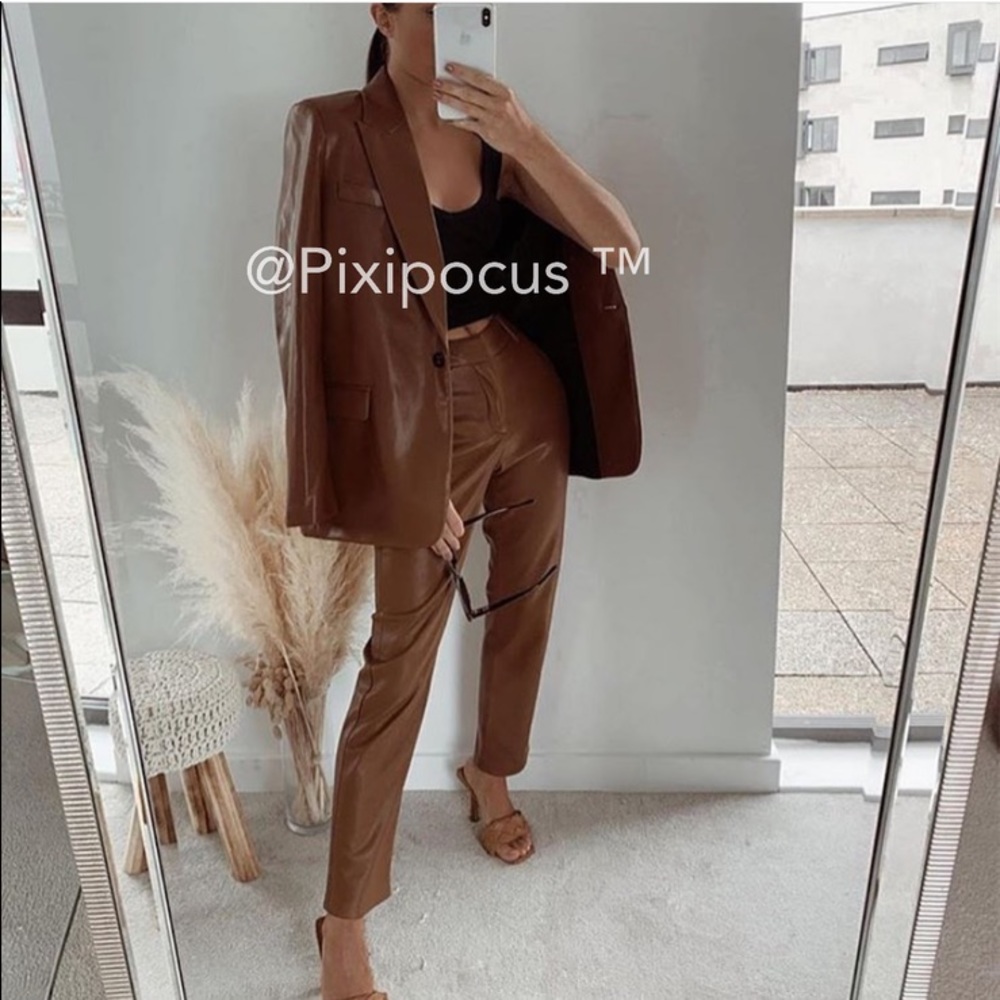 NWT ZARA FAUX LEATHER PANTS CAMEL - Picture 7 of 12